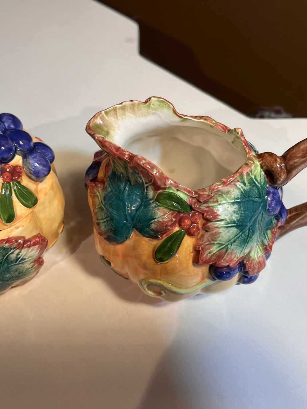 Fitz and Floyd 1993 Fall Harvest Creamer and Covered Sugar Bowl with Spoon